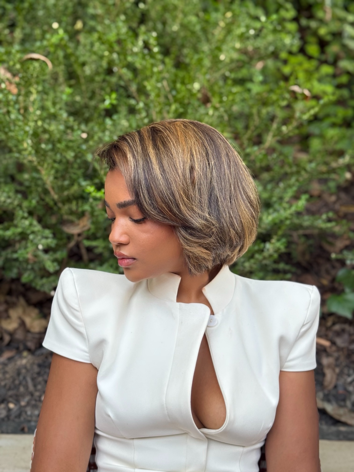 Profile view showing the color and precision shape of a highlighted bob