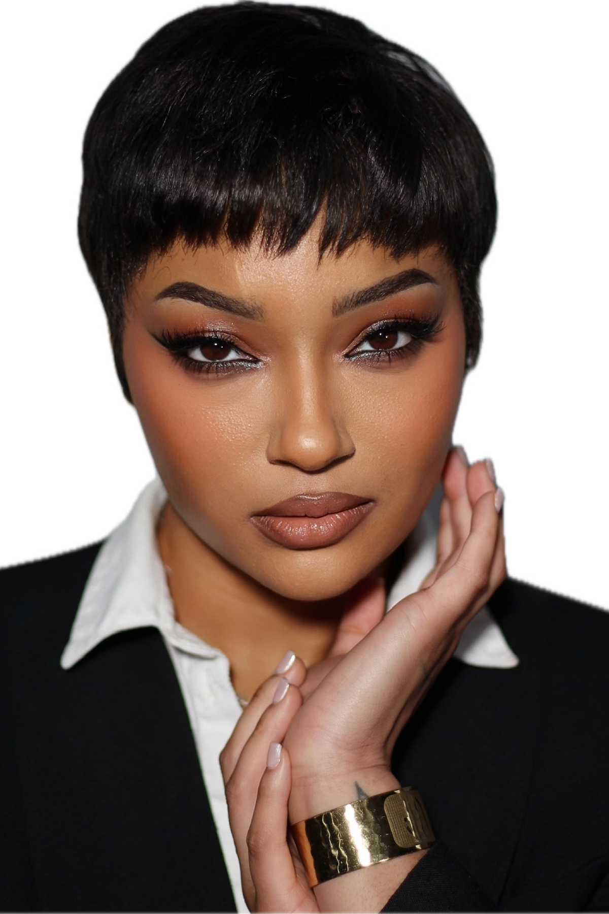 Moncure Beauty client with a glossy precision pixie cut